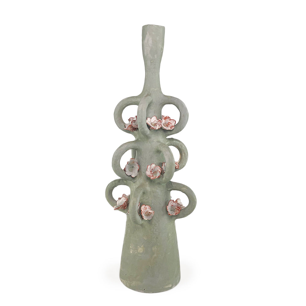 Green Candle Holder with Loops and Flowers