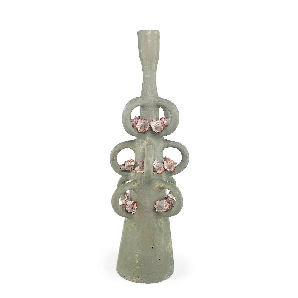 Green Candle Holder with Loops and Flowers